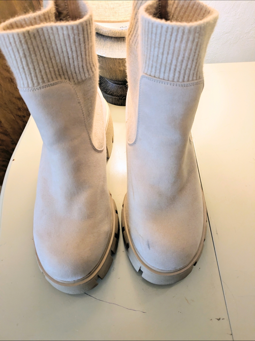 Womens Cream Suede Knit-Top Platform  Boots